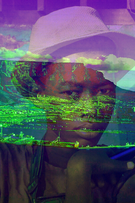 A photo of a Black boy faded on top of an artistic representation of a green and purple mountain for Wakanda Dream Labs