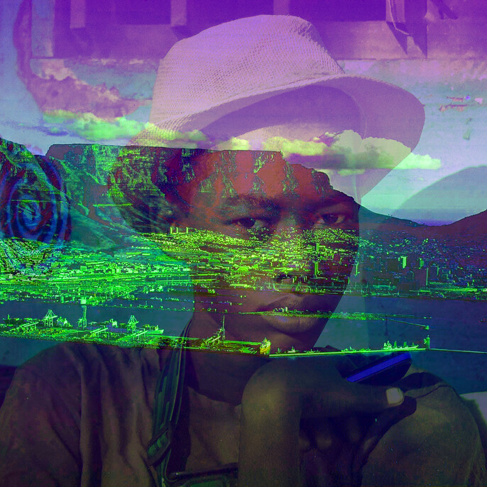 A photo of a Black boy faded on top of an artistic representation of a green and purple mountain for Wakanda Dream Labs