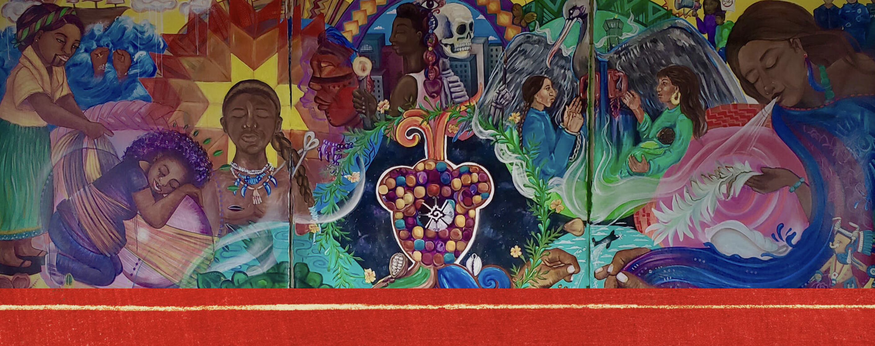 A mural by Cece Carpio featuring BIPOC history of spirituality and well-being for Healing Clinic Collective