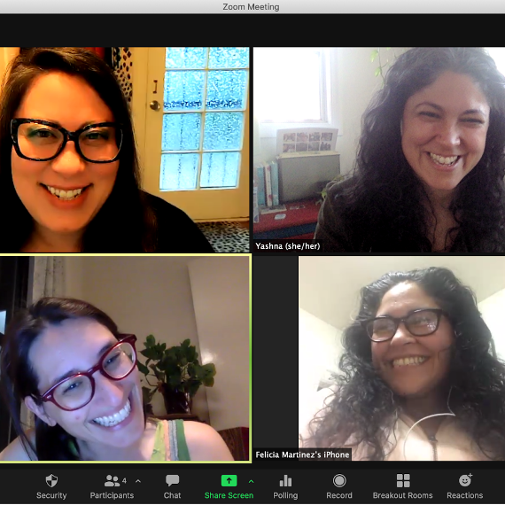 A zoom meeting with four smiling participants at RadOps.