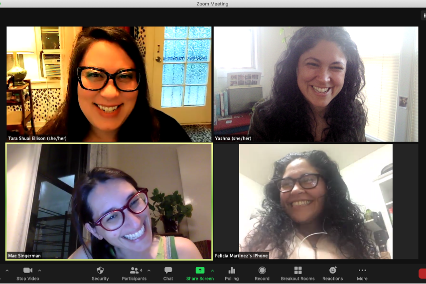 A zoom meeting with four smiling participants at RadOps.