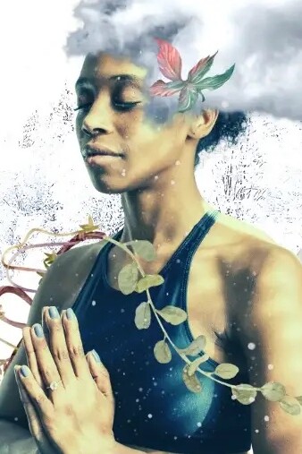 A black woman in a black tank top hold her hands together palm-to-palm with her eyes closed. An animated cloud trails from the top of her head while a vine s flower flow around her.