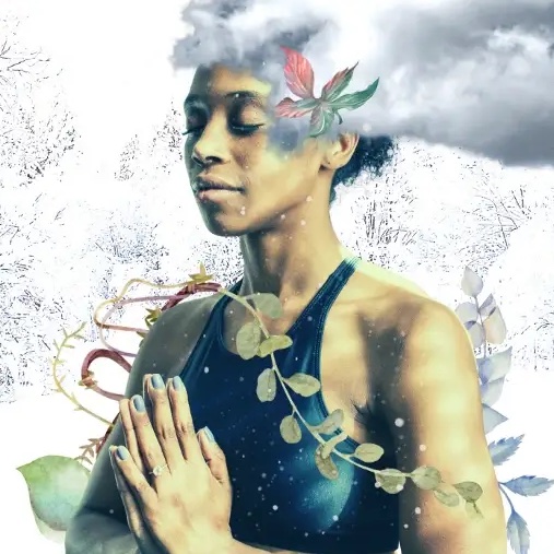 A black woman in a black tank top hold her hands together palm-to-palm with her eyes closed. An animated cloud trails from the top of her head while a vine s flower flow around her.
