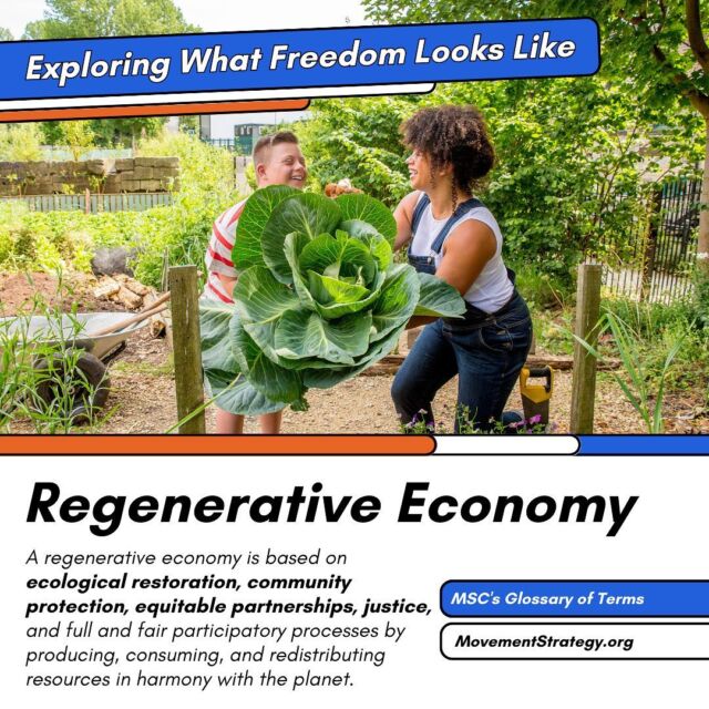 A regenerative economy is based on ecological restoration, community protection, equitable partnerships, justice, and full and fair participatory processes. ⁣
Learn more terms like this in MSC's Glossary of Terms: movementstrategy.org/glossary⁣
⁣
Join us during the month of July as we explore what freedom looks like in the U.S. through the MSC ecosystem.⁣
⁣
#Decarceration #WhoGetsToBeFree #EconomicFreedom