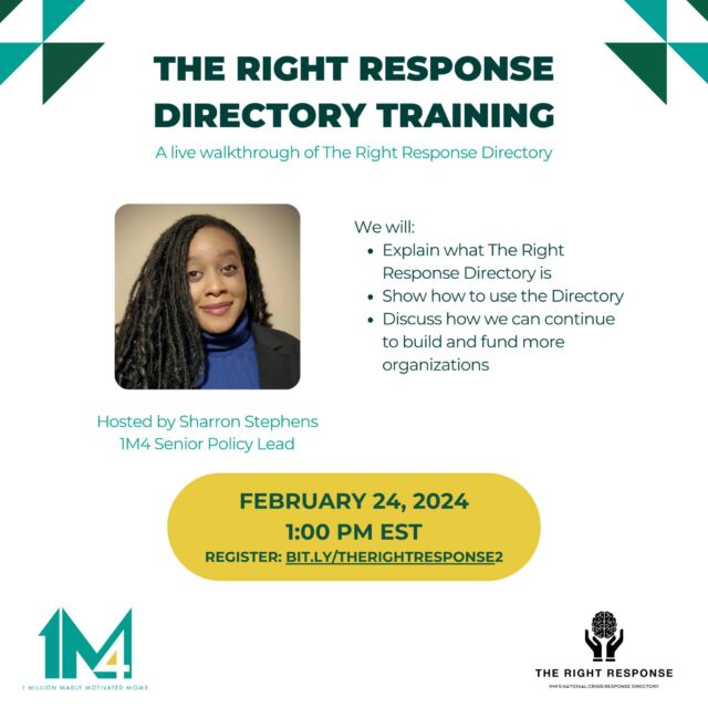 🌟 Join us in supporting our friends @weare1m4  for a live training session on the Right Response Directory. 🌐✨

📅 Save the date: Saturday, Feb 24 | 🕒 1pm EST
🎙️ Led by Sharron Stephens, Senior Policy Lead at @weare1m4.

This session is a key opportunity for us all to come together, learn, and contribute to a vital community cause. Your insights, questions, and recommendations are crucial in this collaborative effort to save lives.

To be part of this important conversation, register through the link in @weare1m4's bio. Let’s make a collective difference! 🤝

#NavigatingTheRightResponse #SaveLives