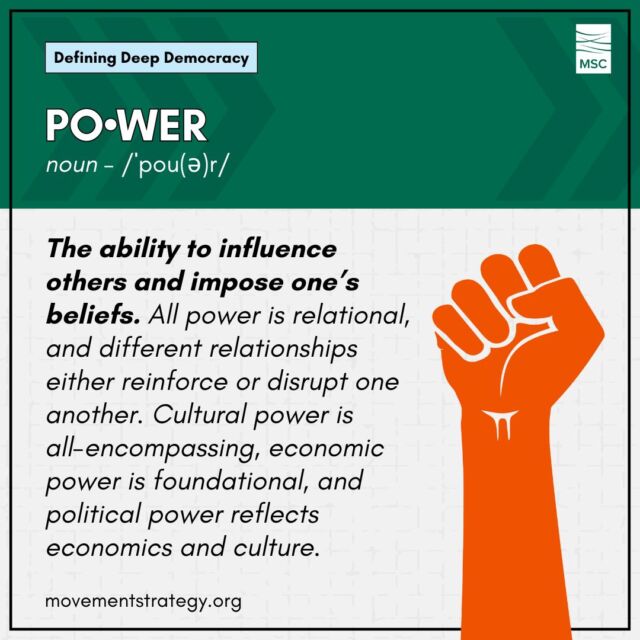 Our relationship to our own power, and the power of those around us helps to ensure Deep Democracy can thrive.

Power is the ability to influence others and impose one’s beliefs. All power is relational, and different relationships either reinforce or disrupt one another. The importance of the concept of power to anti-racism is evident: racism cannot be understood without understanding that power is an individual relationship and a cultural one. Those power relationships are constantly shifting. Power can be used malignantly and intentionally but need not be, and individuals within a culture may benefit from the power they are unaware of. Cultural power is all-encompassing, economic power is foundational, and political power reflects economics and culture.

Learn more about Deep Democracy and other terms, like power, in MSC's Glossary of Terms: https://movementstrategy.org/glossary/