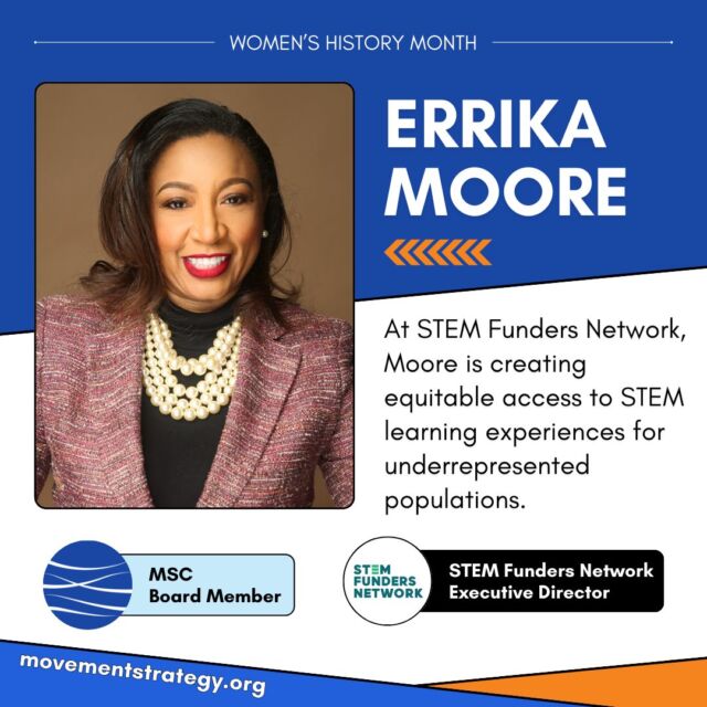 As we close #WomensHistoryMonth, let's celebrate the incredible women and femmes who've nurtured our community with their wisdom 🌸. 

Spotlight on Errika Moore, a visionary at STEM Funders Network driving equitable STEM access for all 🚀. 

Her work transcends education, envisioning a world where everyone has a seat at the science table. We stand in awe of the women and women-led organizations pushing boundaries and igniting positive change 💖. 

Let's celebrate the remarkable impact of women and women-led organizations shaping our world.  #CelebrateWomen #STEMforall