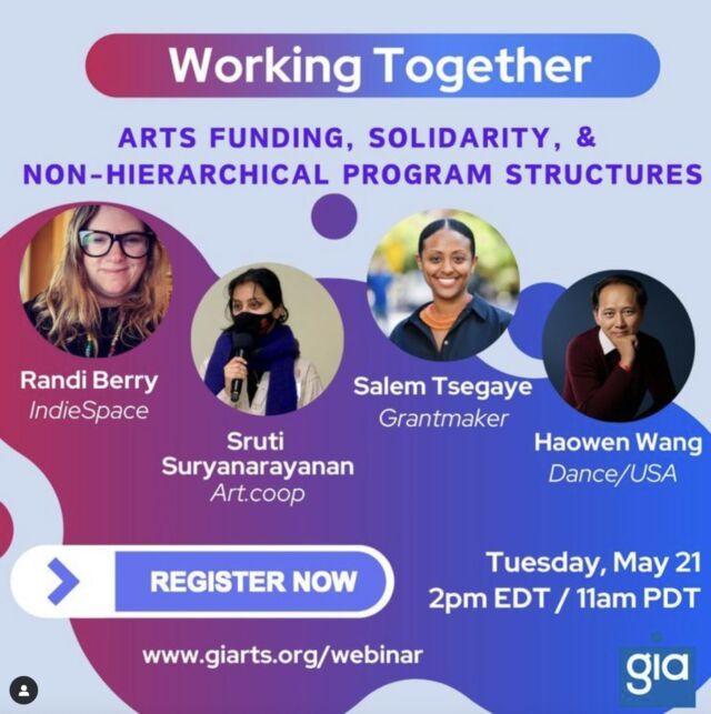 We can't wait to join and watch this insightful webinar hosted by @grantmakersinthearts: "Working Together: Arts Funding, Solidarity, and Non-Hierarchical Program Structures." Dive into how we can reshape arts funding to focus on trust, align with artists' desires, and enhance individual choices. 🎨✨

Our partner, @_artcoop's Sruti Suryanarayanan, is among the distinguished panelists diving into discussions about innovative funding models that support non-hierarchical and solidarity-based approaches, boosting artists' autonomy.

📅 Save the date: Tuesday, May 21 at 2pm EST. Don't miss this dynamic session that challenges conventional funding structures and explores new possibilities.

Register now via the link in @grantmakersinthearts bio! 🔗

#ArtFunding #SolidarityEconomy #NonHierarchical