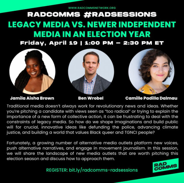 🌟 TOMORROW! Don't miss an insightful #RadSession hosted by @radical_communicators_network featuring our partner @proximate.press’s very own Ben Wrobel. Dive into the discussion on "Legacy Media vs. Newer Independent Media in an Election Year."

📆 Date: This Friday, April 19
⏰ Time: 1:00pm EST

🎙️ Meet your moderator, Jamila Aisha Brown, and panelists Ben Wrobel and Camille Padilla Dalmau. They’ll explore how traditional media can often restrict revolutionary news and ideas. From pitching radical political candidates to advocating for transformative policies like defunding the police and advancing climate justice, learn how we can reshape narratives to support crucial, innovative movements.

🔗 Registration via @radical_communicators_network bio. ✨

#RadSessions #MediaInnovation #SocialJustice #ClimateJustice #Equity