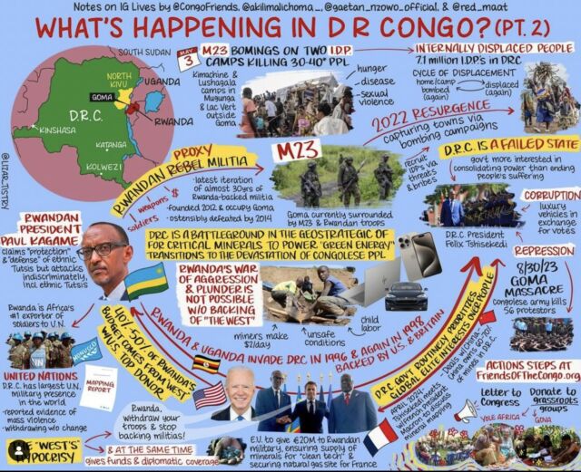 We deeply appreciate @lizar_tistry's graphic for its powerful ability to summarize a three-decade-long war on Congolese civilians.

🚨 Recently, Rwanda’s M23 militia bombed displaced people in camps outside Goma in the eastern Democratic Republic of Congo. Yet again, an aggressor state backed by “the West” displaces people into so-called “safe” zones only to bomb them again, all under the guise of “self-defense.” (Sound familiar? 🍉) 

Consider supporting ecosystem-vetted @congofriends fundraisers that go directly into the hands of frontline, grassroots groups providing relief and moments of joy to displaced and silenced communities. The Congolese people need justice, not hypocritical humanitarian aid from the same hands backing genocide.

Just like in everything else, the people most affected by the problems have the solutions to the issues the empire has imposed on them.

✨ Stand with the Congolese people. Share this post, donate, and raise awareness. #justiceforcongo