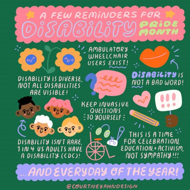 It's #DisabilityPrideMonth! Here are a few important reminders from queer autistic Korean American designer and illustrator @courtneyahndesign: 

🌻 Disability is diverse — not all disabilities are visible. The sunflower icon represents hidden disabilities.
💪 Disability is common — one in four adults in the U.S. have a disability (source: CDC). Let's make our spaces and content are accessible!
✊ Disabled is not a bad word, but terms like handicapped, differently-abled, special, and gifted can be offensive. Always ask before assuming.

This month is for celebration, education, activism, and action—not pity or "inspiration." 

Disabled folks have fought for decades for accommodations, but the fight for equality is ongoing! 👊💓
#DisabilityAwareness #AccessibilityForAll